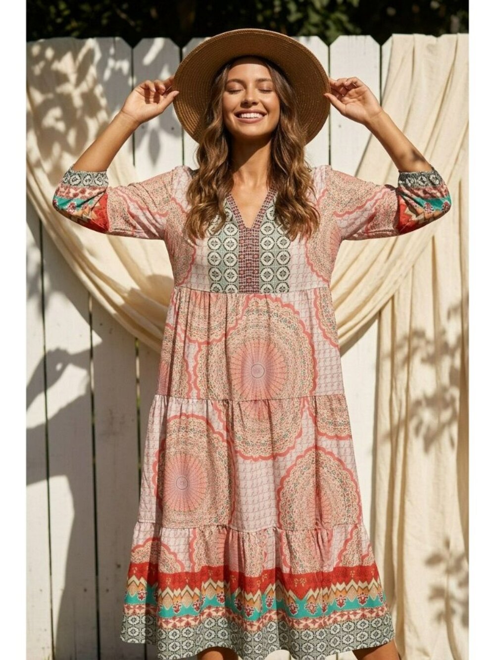 Mandala Medallion Print Boho Tiered Maxi Dress V-Neck Hippie Flowy XL 16-18 NWOT